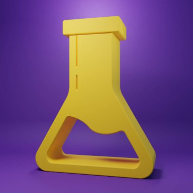Sarı test tüpü ve matara. Mor arkaplanda izole edilmiş kimyasal laboratuvar ikonu. Laboratuvar cam levhası. Minimalizm kavramı. 3 Boyutlu resimleme.