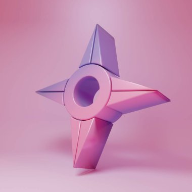 Purple-pink Japanese ninja shuriken icon isolated on pink background. Minimalism concept. 3D render illustration.