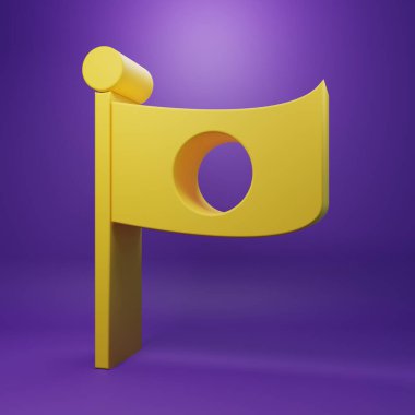 Japonya 'nın sarı ulusal bayrağı mor arka planda izole edilmiş kutup ikonu. Metal bayrak direği. Minimalizm kavramı. 3 Boyutlu resimleme.