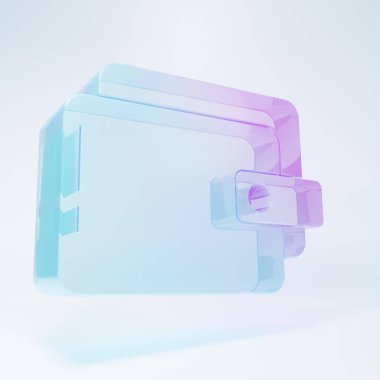 Beyaz arka planda izole edilmiş buzlu cam cüzdan ikonu. Çanta ikonu. Nakit tasarruf sembolü. Minimalizm kavramı. 3 Boyutlu resimleme.