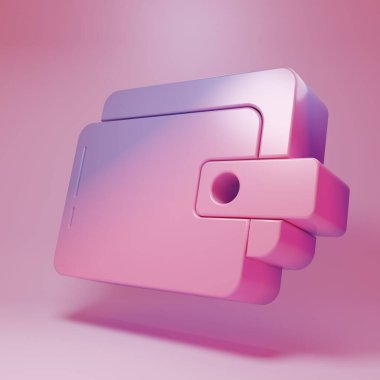 Pembe arka planda izole edilmiş mor cüzdan simgesi. Çanta ikonu. Nakit tasarruf sembolü. Minimalizm kavramı. 3 Boyutlu resimleme.