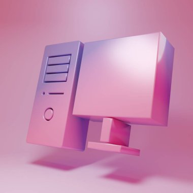 Pembe arka planda Mor-pembe bilgisayar monitörü simgesi izole edildi. Bilgisayar bileşeni işareti. Minimalizm kavramı. 3 Boyutlu resimleme.