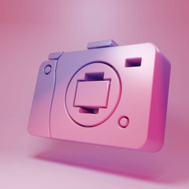 Mor pembe aynasız kamera simgesi pembe arkaplanda izole edilmiş. Fotoğraf makinesi simgesi. Minimalizm kavramı. 3 Boyutlu resimleme.