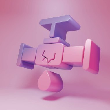 Pembe arka planda su ikonu sızıntısı olan mor pembe kırık metal bir boru. Minimalizm kavramı. 3 Boyutlu resimleme.