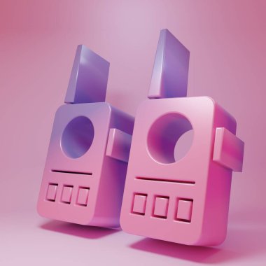 Pembe arka planda izole edilmiş mor-pembe telsiz ikonu. Taşınabilir radyo vericisi simgesi. Radyo alıcı-vericisi işareti. Minimalizm kavramı. 3 Boyutlu resimleme.