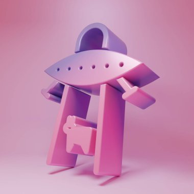 Mor-pembe UFO pembe arka planda izole edilmiş inek simgesini kaçırır. Uçan daire. Uzaylı uzay gemisi. Gelecekteki bilinmeyen uçan nesne. Minimalizm kavramı. 3 Boyutlu resimleme.