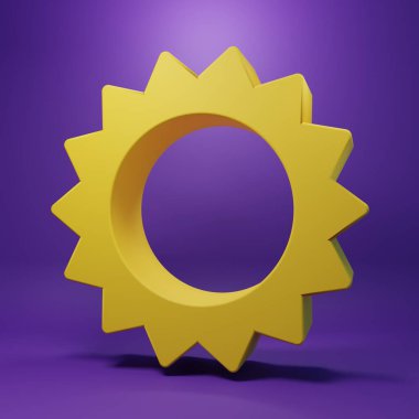 Sarı Güneş simgesi mor arkaplanda izole edildi. Yaz sembolü. Güneşli bir gün. Minimalizm kavramı. 3 Boyutlu resimleme.