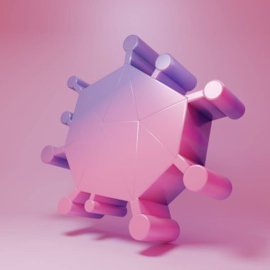 Pembe arka planda izole edilmiş mor-pembe virüs ikonu. Corona virüsü 2019-nCoV. Bakteri ve mikroplar, hücre kanseri, mikrop, mantar. Minimalizm kavramı. 3 Boyutlu resimleme.