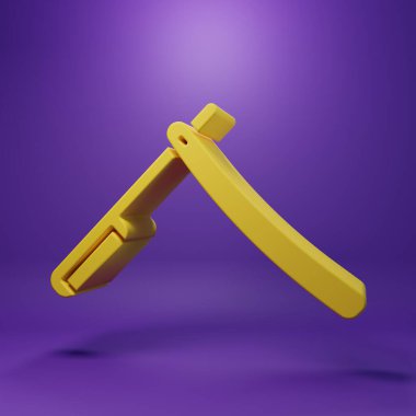 Sarı Düz Ustura simgesi mor arkaplanda izole edilmiş. Berber dükkanı sembolü. Minimalizm kavramı. 3 Boyutlu resimleme.