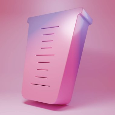 Purple-pink Measuring cup to measure dry and liquid food icon isolated on pink background. Plastic graduated beaker with handle. Minimalism concept. 3D render illustration.