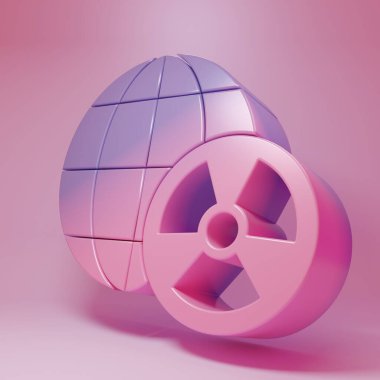 Mor Pembe Gezegen Dünyası ve pembe arka planda izole edilmiş radyasyon sembolü. Çevresel konsept. Minimalizm kavramı. 3 Boyutlu resimleme.