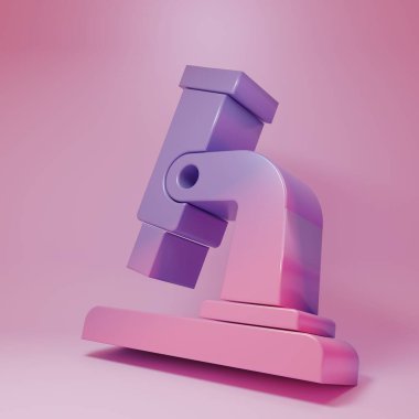 Purple-pink Microscope icon isolated on pink background. Chemistry, pharmaceutical instrument, microbiology magnifying tool. Minimalism concept. 3D render illustration.