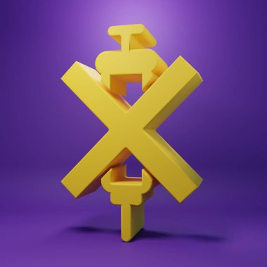 Sarı. Mor arkaplanda doping olmayan şırınga simgesi izole edildi. Minimalizm kavramı. 3 Boyutlu resimleme .