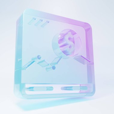 Borsa büyüme grafikleri ve beyaz arka planda izole para ikonu olan buzlu cam web sitesi. Ekranda ok grafikleri olan bir monitör. Minimalizm kavramı. 3 Boyutlu resimleme .