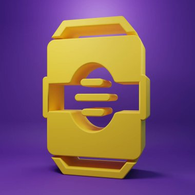 Sarı Enerji içeceği ikonu mor arkaplanda izole edilmiş. Minimalizm kavramı. 3 Boyutlu resimleme .
