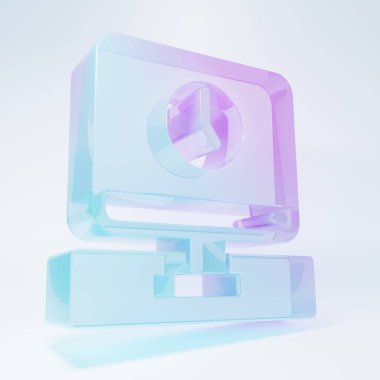 Buzlu cam bilgisayar monitörü zaman simgesi beyaz arkaplanda izole edildi. Elektronik cihaz. Ön manzara. Minimalizm kavramı. 3 Boyutlu resimleme .