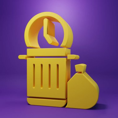 Sarı zaman israfı simgesi mor arka planda izole edildi. Çöp tenekesi. Çöp kutusu tabelası. Sepet simgesini geri dönüştür. Ofis çöpü ikonu. Minimalizm kavramı. 3 Boyutlu resimleme .