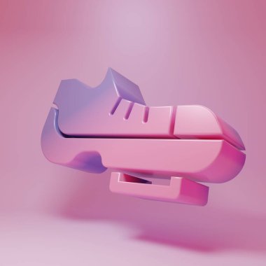 Pembe arka planda izole edilmiş mor-pembe triatlon bisiklet ayakkabı ikonu. Spor ayakkabılar, bisiklet ayakkabıları. Minimalizm kavramı. 3 Boyutlu resimleme .