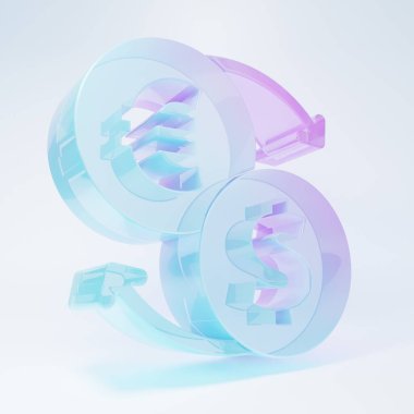 Buzlu cam Para Takas simgesi beyaz arka planda izole. Euro ve Dolar para transferi sembolü. Bankacılık işareti. Minimalizm kavramı. 3 Boyutlu resimleme .