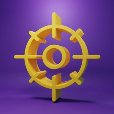 Sarı Hedef spor simgesi mor arka planda izole edildi. Atış mesafesi ya da atış mesafesi için sayıları olan temiz bir hedef. Minimalizm kavramı. 3 Boyutlu resimleme .