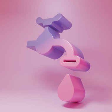 Pembe arka planda izole edilmiş, düşen bir su damlası ikonu olan mor-pembe su musluğu. Minimalizm kavramı. 3 Boyutlu resimleme .