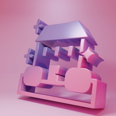 Pembe arka planda izole edilmiş mor-pembe ev temizlik hizmeti ikonu. Bina ve ev. Minimalizm kavramı. 3 Boyutlu resimleme .