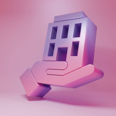 Mor pembeli ev pembe arka planda izole edilmiş bir ikon. Sigorta konsepti. Güvenlik, güvenlik, koruma, konsept koruma. Minimalizm kavramı. 3 Boyutlu resimleme .