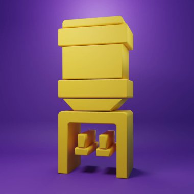 Ofis için sarı su soğutucusu ve mor arka planda izole edilmiş ev ikonu. Su dağıtıcısı. Şişe ofisi, plastik ve sıvı. Minimalizm kavramı. 3 Boyutlu resimleme .