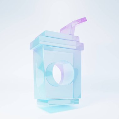 Frosted glass Paper glass with drinking straw and water icon isolated on white background. Soda drink glass. Fresh cold beverage symbol. Minimalism concept. 3D render illustration .