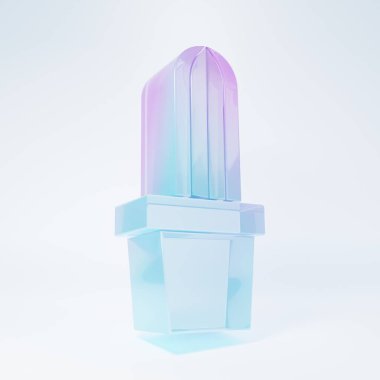 Beyaz arka planda izole edilmiş çömlek ikonunda buzlu cam kaktüs kaktüsü. Tencerede yetişen bir bitki. Saksı bitkisi işareti. Minimalizm kavramı. 3 Boyutlu resimleme .