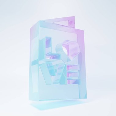 Beyaz arka planda izole edilmiş buzlu cam Sevgililer Günü parti broşürü ikonu. Kutlama için davetiye ya da tebrik kartı şablonu. Minimalizm kavramı. 3 Boyutlu resimleme .