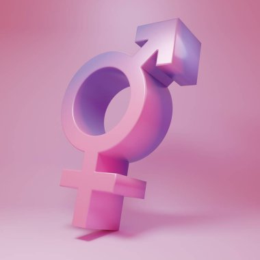 Pembe arka planda Mor-pembe cinsiyet simgesi izole edilmiş. Erkek ve kadın sembolleri. Seks sembolü. Minimalizm kavramı. 3 Boyutlu resimleme .