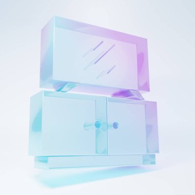 Beyaz arka planda izole edilmiş buzlu cam televizyon masası simgesi. Minimalizm kavramı. 3 Boyutlu resimleme .