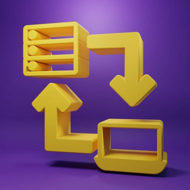 Sarı Çevrimiçi çalışma simgesi mor arkaplanda izole edildi. Evinde dizüstü bilgisayarla çalışan serbest çalışan bir adam. Uzaktan kumanda. Mesafeli iş kavramı. Minimalizm kavramı. 3 Boyutlu resimleme .