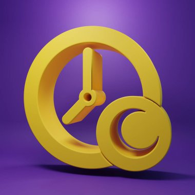 Sarı Uyku Zamanı simgesi mor arkaplanda izole edildi. Uykulu Zzzz. Sağlıklı bir yaşam tarzı. Minimalizm kavramı. 3 Boyutlu resimleme .