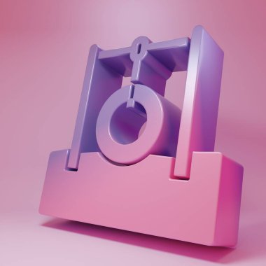 Pembe arka planda izole edilmiş halat ikonunda asılı mor renkli araba lastiği. Lastik ipli oyun alanı ekipmanları. Minimalizm kavramı. 3 Boyutlu resimleme .