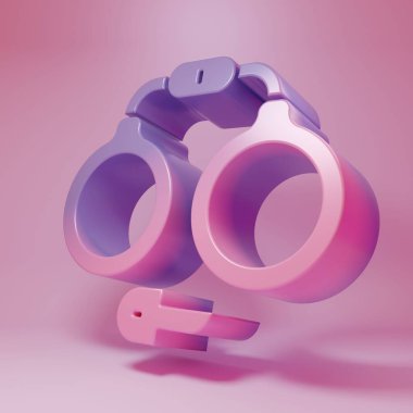 Pembe arka planda izole edilmiş mor kelepçe ikonu. Minimalizm kavramı. 3 Boyutlu resimleme .
