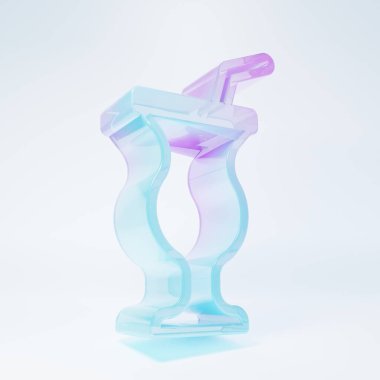 Beyaz arkaplanda izole edilmiş buzlu cam milkshake ikonu. Kapaklı ve samanlı plastik bardak. Minimalizm kavramı. 3 Boyutlu resimleme .