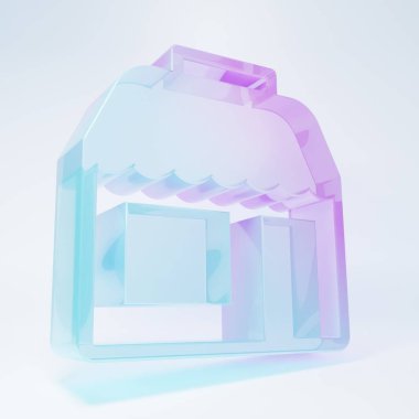 Buzlu cam alışveriş binası ya da beyaz arka planda izole edilmiş market ikonu. Dükkan inşaatı. Minimalizm kavramı. 3 Boyutlu resimleme.