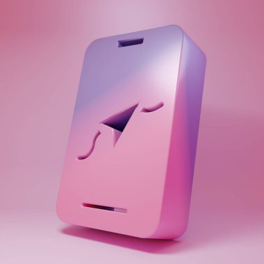 Pembe arka planda izole edilmiş şehir haritası yön bulma simgesinin mor-pembe bilgileri. Mobil Uygulama Arayüzü tasarımı. Coğrafi konsept. Minimalizm kavramı. 3 Boyutlu resimleme.