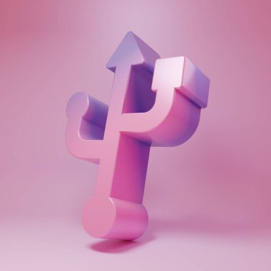 Pembe arka planda izole edilmiş mor-pembe USB simgesi. Minimalizm kavramı. 3 Boyutlu resimleme.