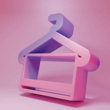 Pembe arka planda izole edilmiş askı simgesinde mor-pembe havlu. Banyo havlusu ikonu. Minimalizm kavramı. 3 Boyutlu resimleme.