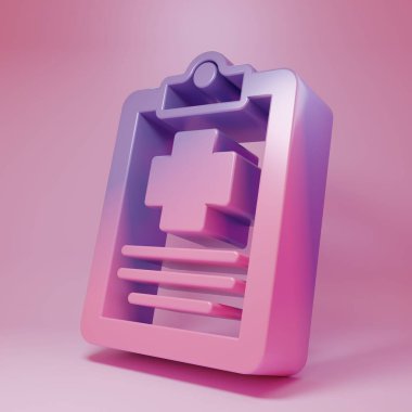 Pembe arka planda izole edilmiş klinik kayıt ikonu olan mor-pembe tıbbi pano. Reçete, tıbbi kontrol işaretleri raporu. Minimalizm kavramı. 3 Boyutlu resimleme.