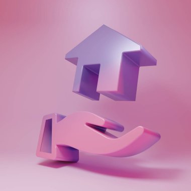 Mor pembe emlakçı ikonu pembe arka planda izole edilmiş. Ev almak. Minimalizm kavramı. 3 Boyutlu resimleme.