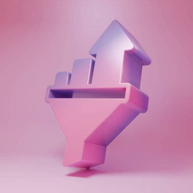 Mor-pembe satış hunisi, pazarlama için grafikle birlikte ve pembe arka planda izole edilmiş yeni iş simgesi. Bilgi şablonu. Minimalizm kavramı. 3 Boyutlu resimleme.