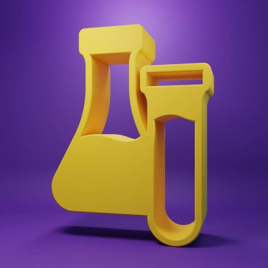 Sarı test tüpü ve mor arka planda izole edilmiş kimyasal test ikonu. Laboratuvar cam levhası. Minimalizm kavramı. 3 Boyutlu resimleme.