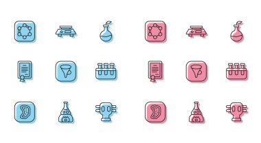 Benzen halkalarının formülü, gaz maskesi huni filtresi, sertifika şablonu ve elektronik ölçek ikonu üzerinde Bakteri Test tüpünü ateşe ayarlayın. Vektör.