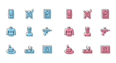 Çizgi Man şapkası Gamepad Tetris posta pulu İnek Ray tabancası süveteri ve Viking boynuzlu miğfer ikonu. Vektör.