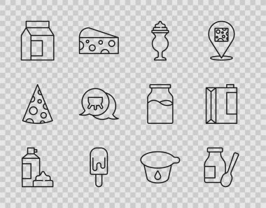 Sütlü yoğurt ve kefir ikonu için yoğurt milkshake buzlu kâğıt paketi içerek şişeye krem şanti koy. Vektör.