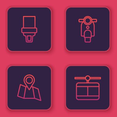 Emniyet kemerini ayarlayın, haritayı konuma göre katlayın, Scooter ve Cable araba. Mavi kare düğme. Vektör.